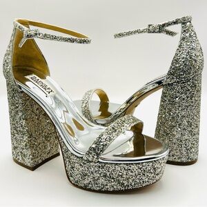 Badgley Mischka Glitter Silver Platform Heels